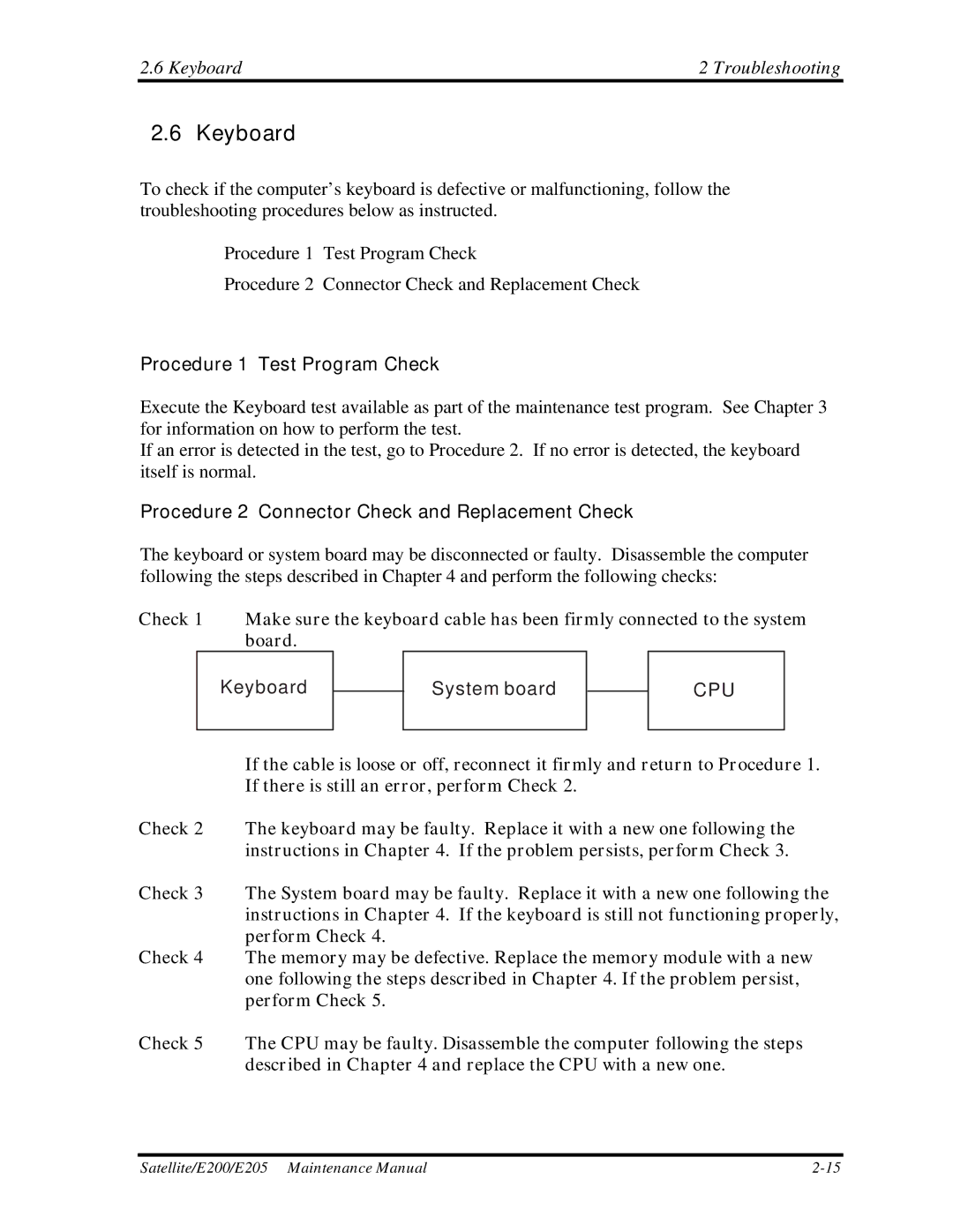 Toshiba E205 manual Keyboard Troubleshooting, Procedure 1 Test Program Check 