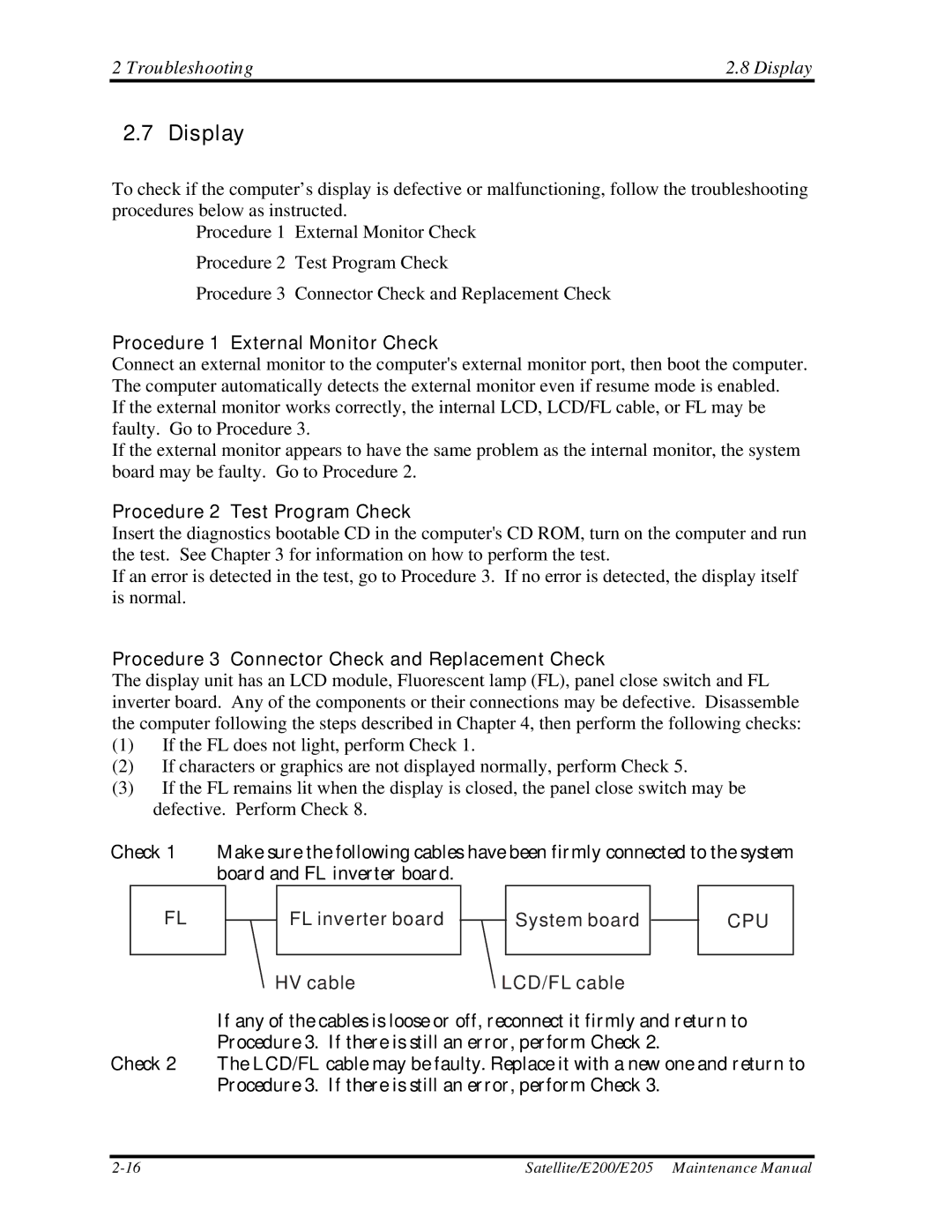 Toshiba E205 manual Troubleshooting Display, Procedure 1 External Monitor Check 