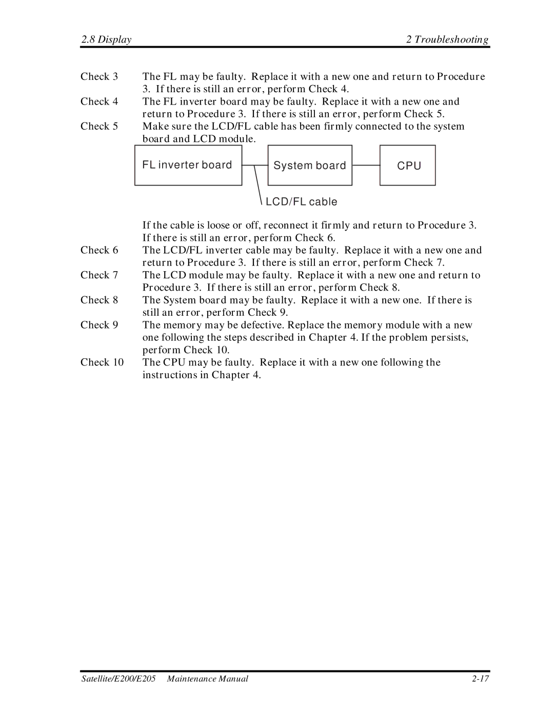 Toshiba E205 manual Display Troubleshooting 