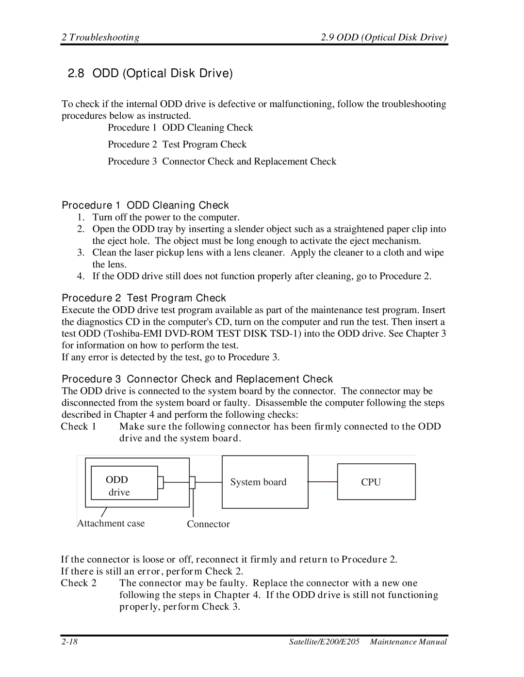 Toshiba E205 manual ODD Optical Disk Drive, Procedure 1 ODD Cleaning Check 