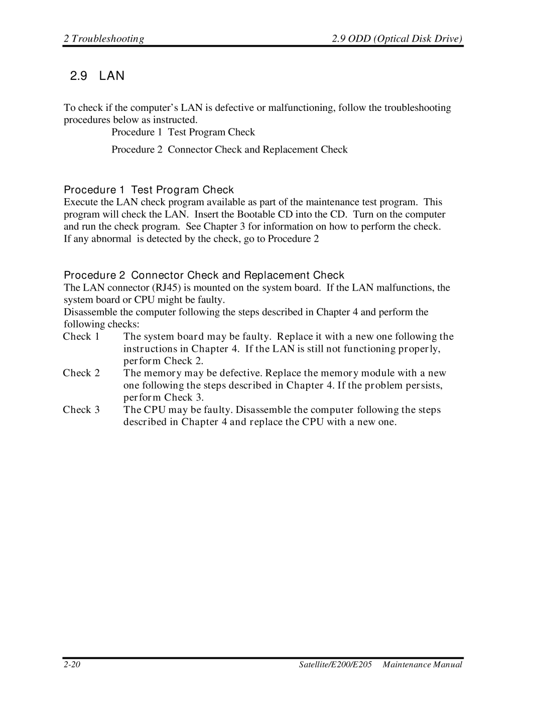 Toshiba E205 manual Lan, Procedure 1 Test Program Check 