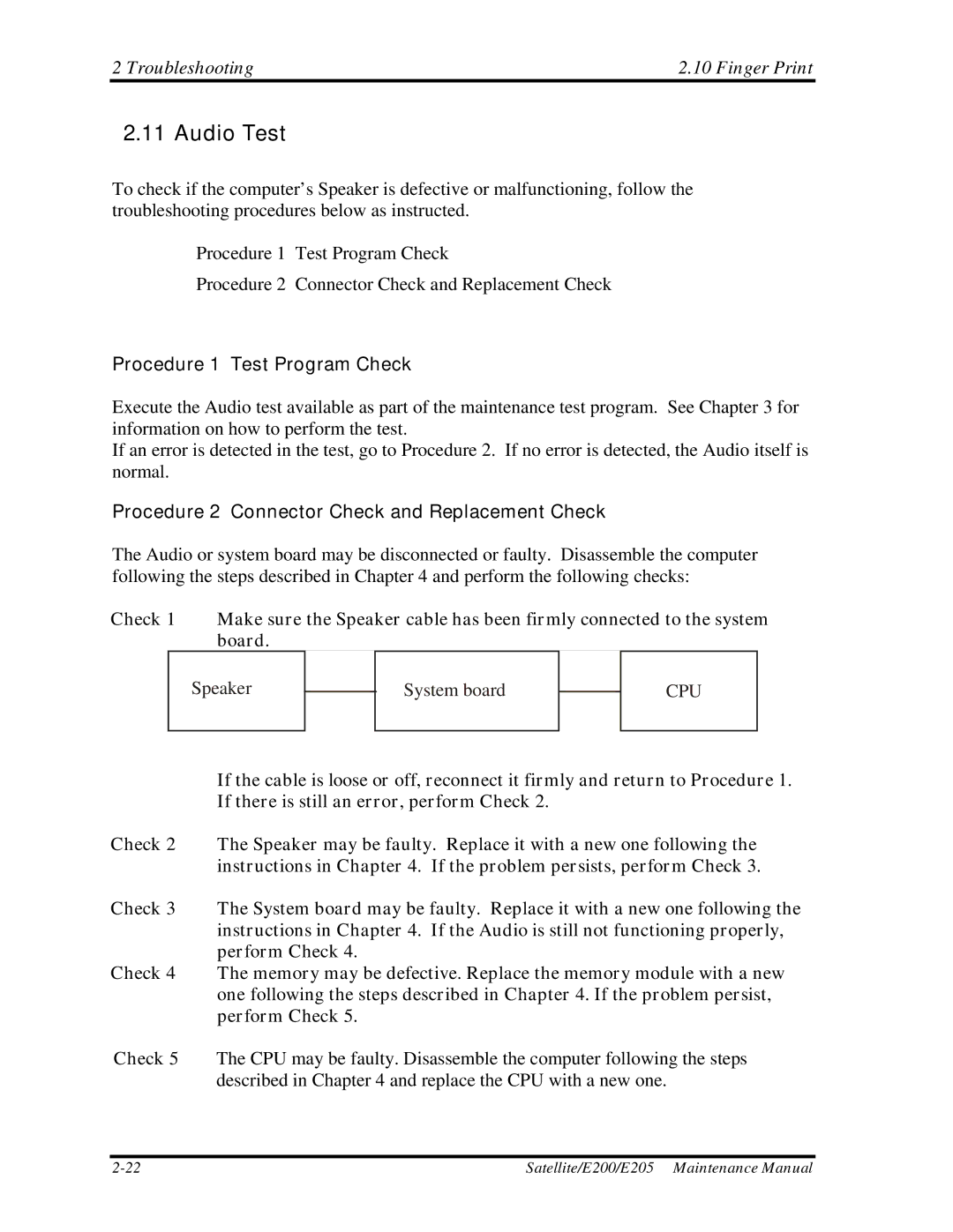 Toshiba E205 manual Audio Test, Troubleshooting Finger Print 