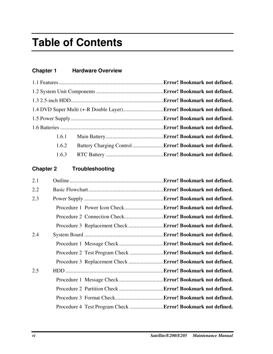 Toshiba E205 manual Table of Contents 