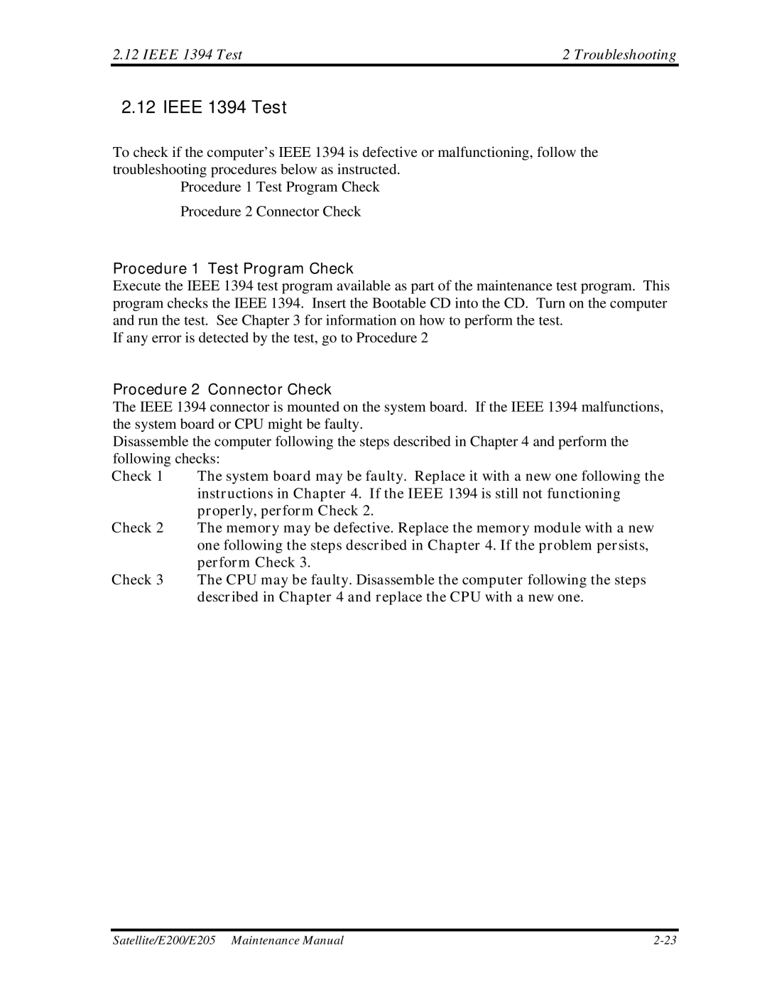 Toshiba E205 manual Ieee 1394 Test Troubleshooting 