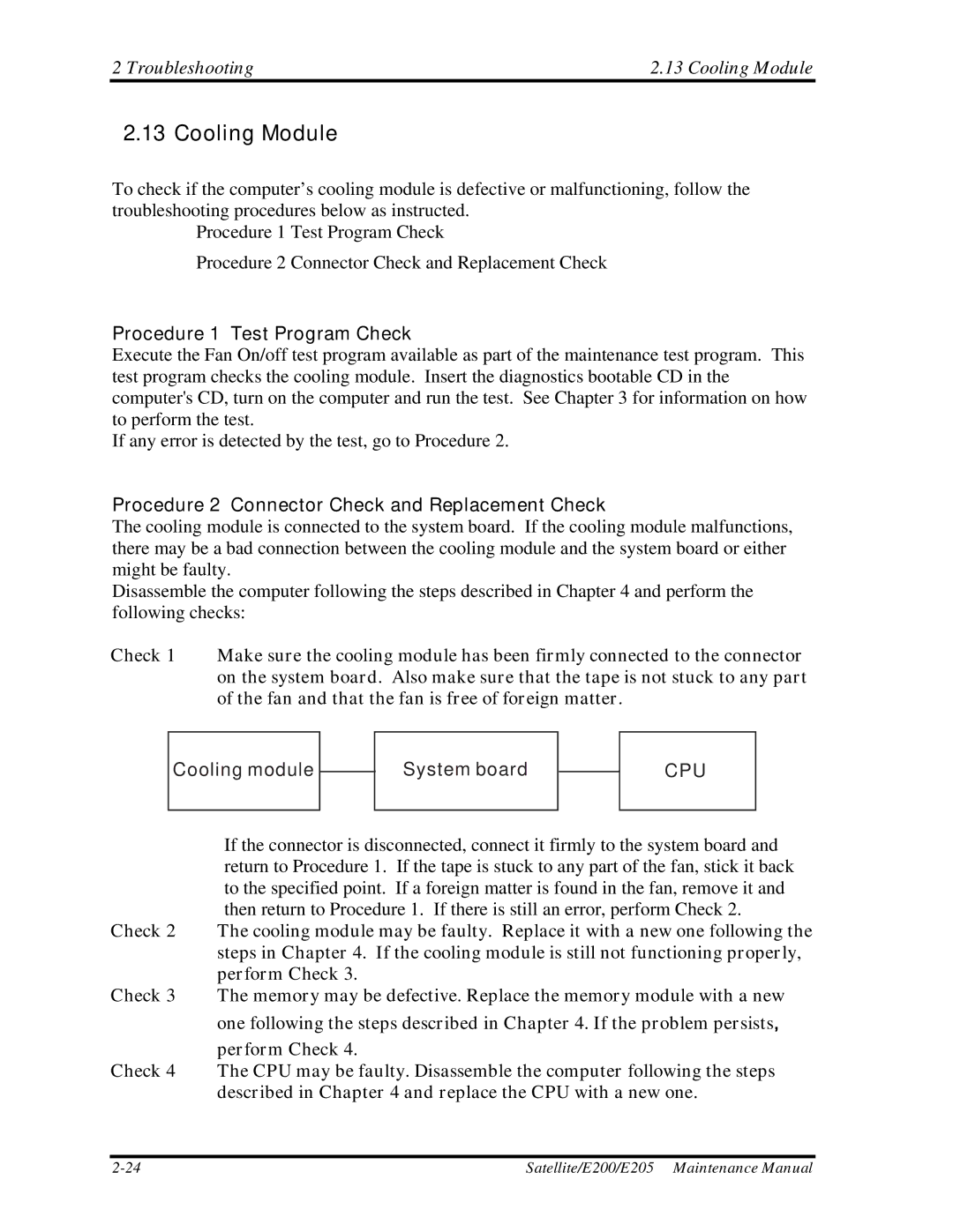 Toshiba E205 manual Troubleshooting Cooling Module 