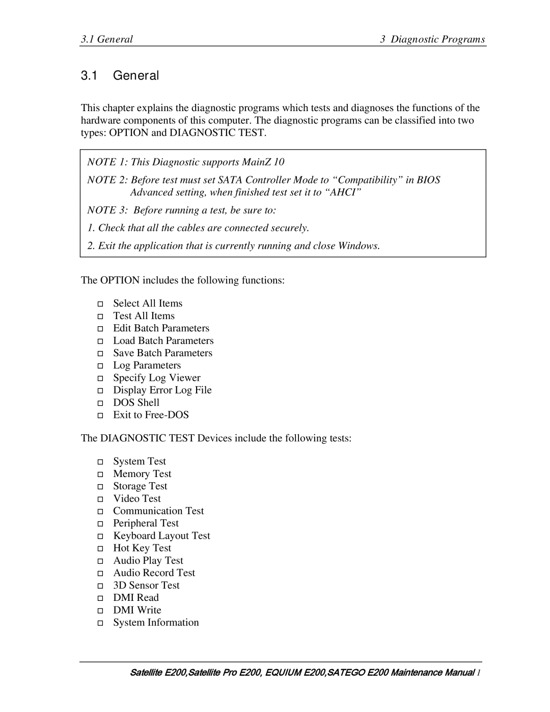 Toshiba E205 manual General Diagnostic Programs 