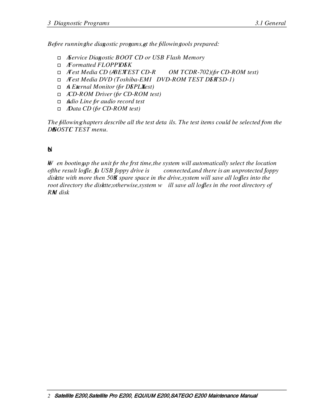 Toshiba E205 manual Diagnostic Programs General 