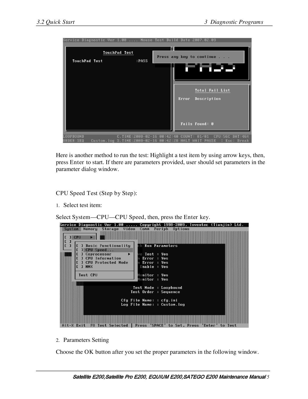 Toshiba E205 manual CPU Speed Test Step by Step 