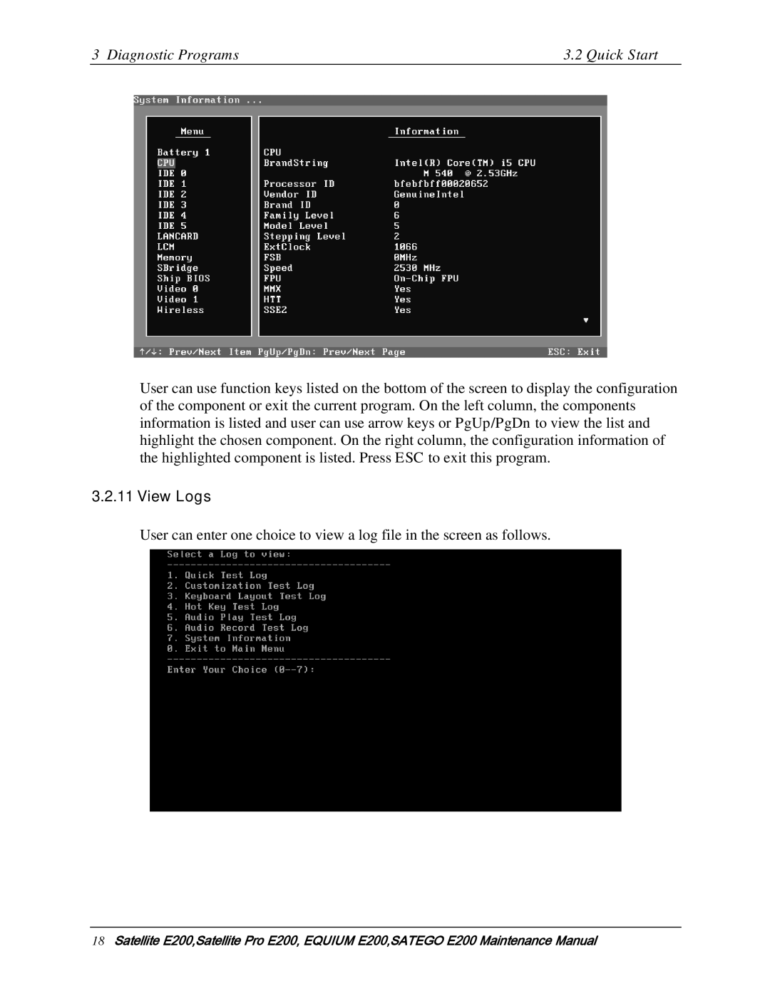 Toshiba E205 manual View Logs 