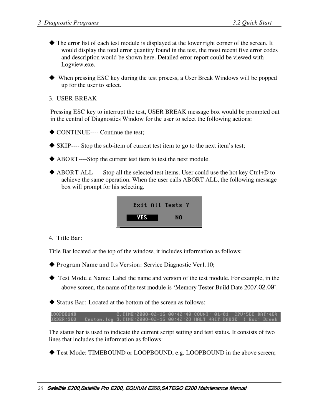 Toshiba E205 manual Title Bar,  Program Name and Its Version Service Diagnostic Ver1.10 