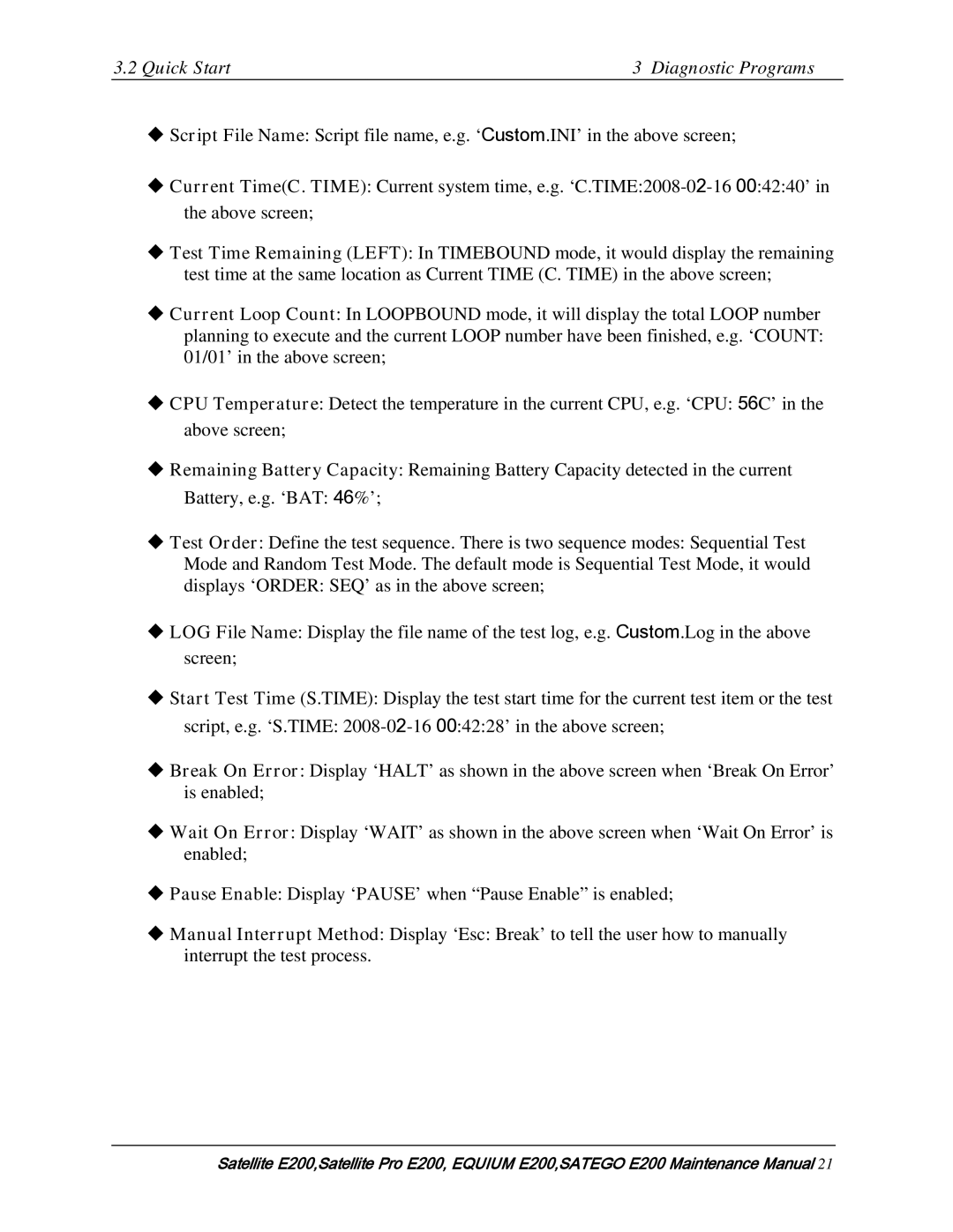 Toshiba E205 manual Quick Start Diagnostic Programs 