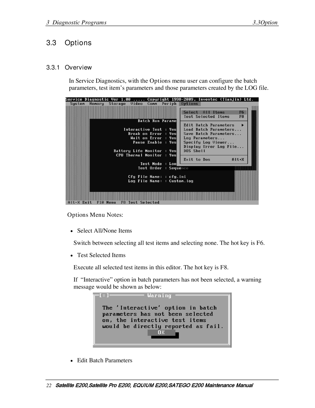 Toshiba E205 manual Diagnostic Programs 3Option, Overview, Options Menu Notes 