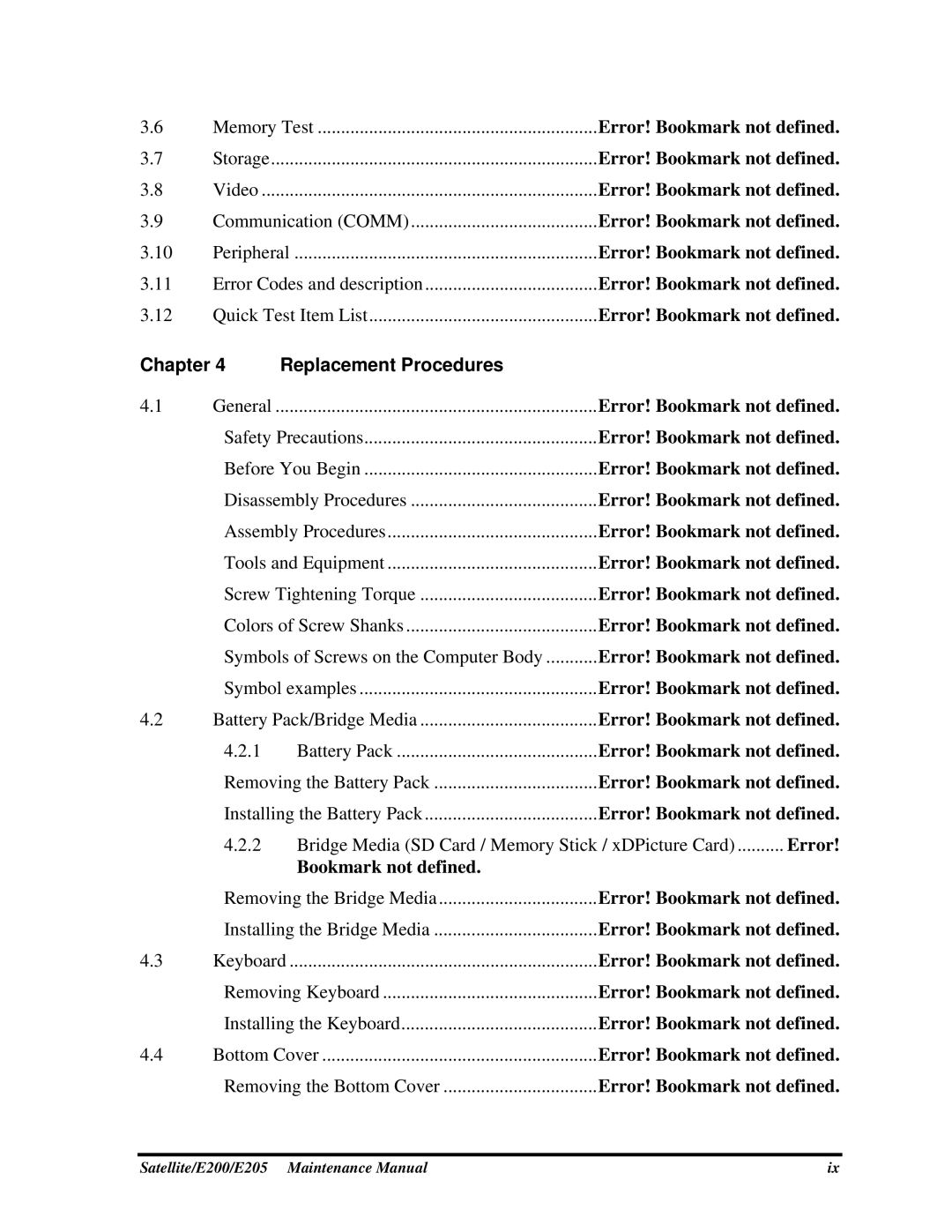 Toshiba E205 manual Chapter, Error, Bookmark not defined 