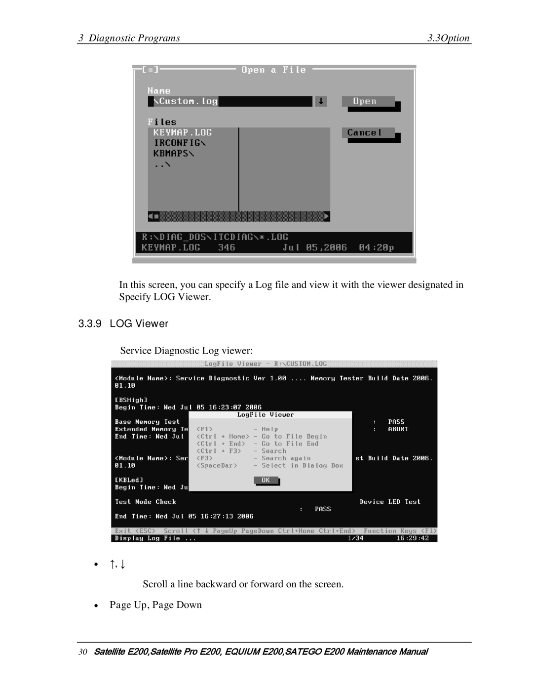 Toshiba E205 manual LOG Viewer, ∙ ↑, ↓, ∙ Page Up, Page Down 