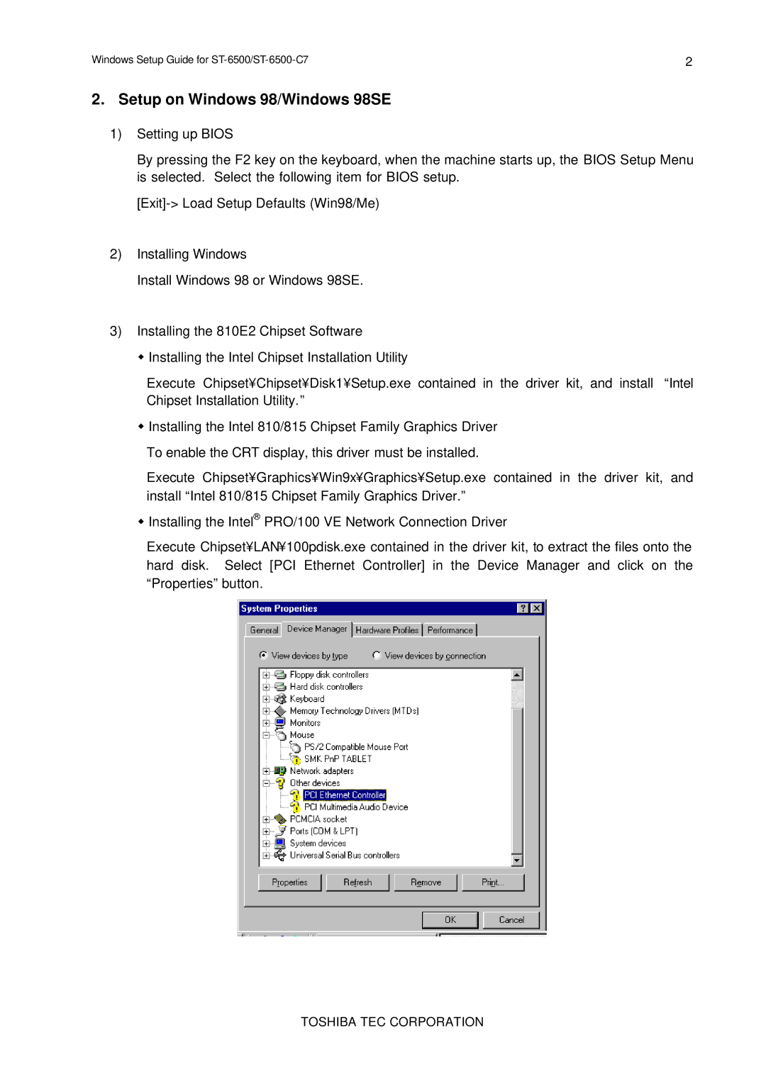 Toshiba E2711 setup guide Setup on Windows 98/Windows 98SE 