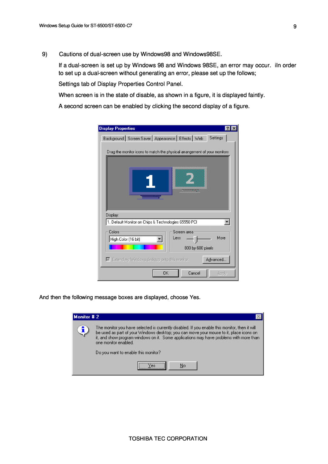 Toshiba E2711 setup guide Cautions of dual-screen use by Windows98 and Windows98SE 