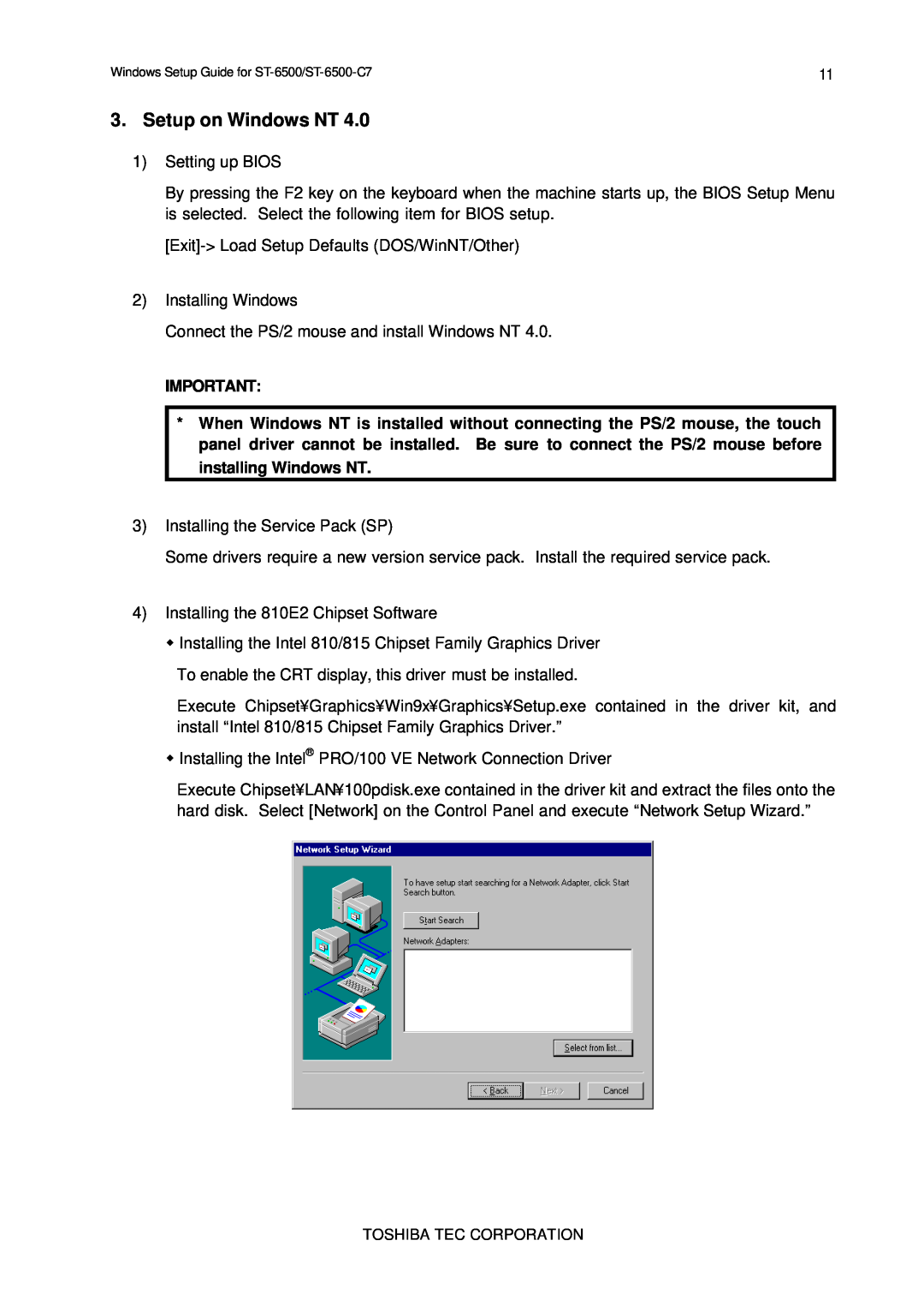 Toshiba E2711 setup guide Setup on Windows NT 