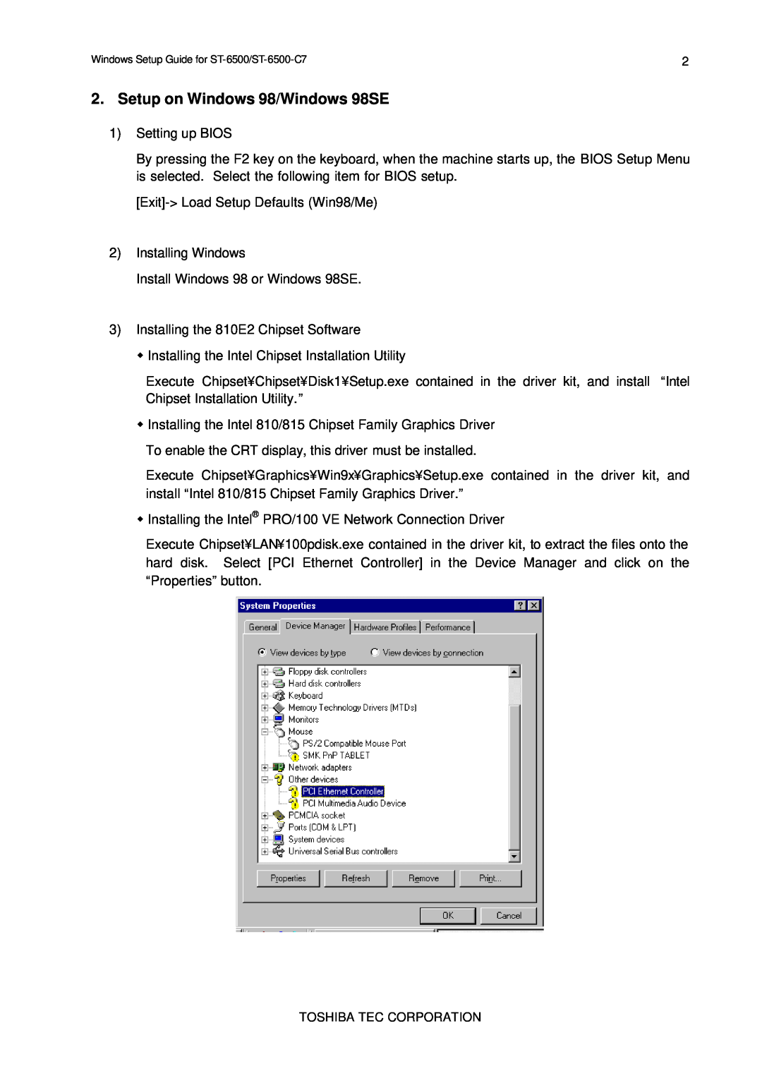 Toshiba E2711 setup guide Setup on Windows 98/Windows 98SE 