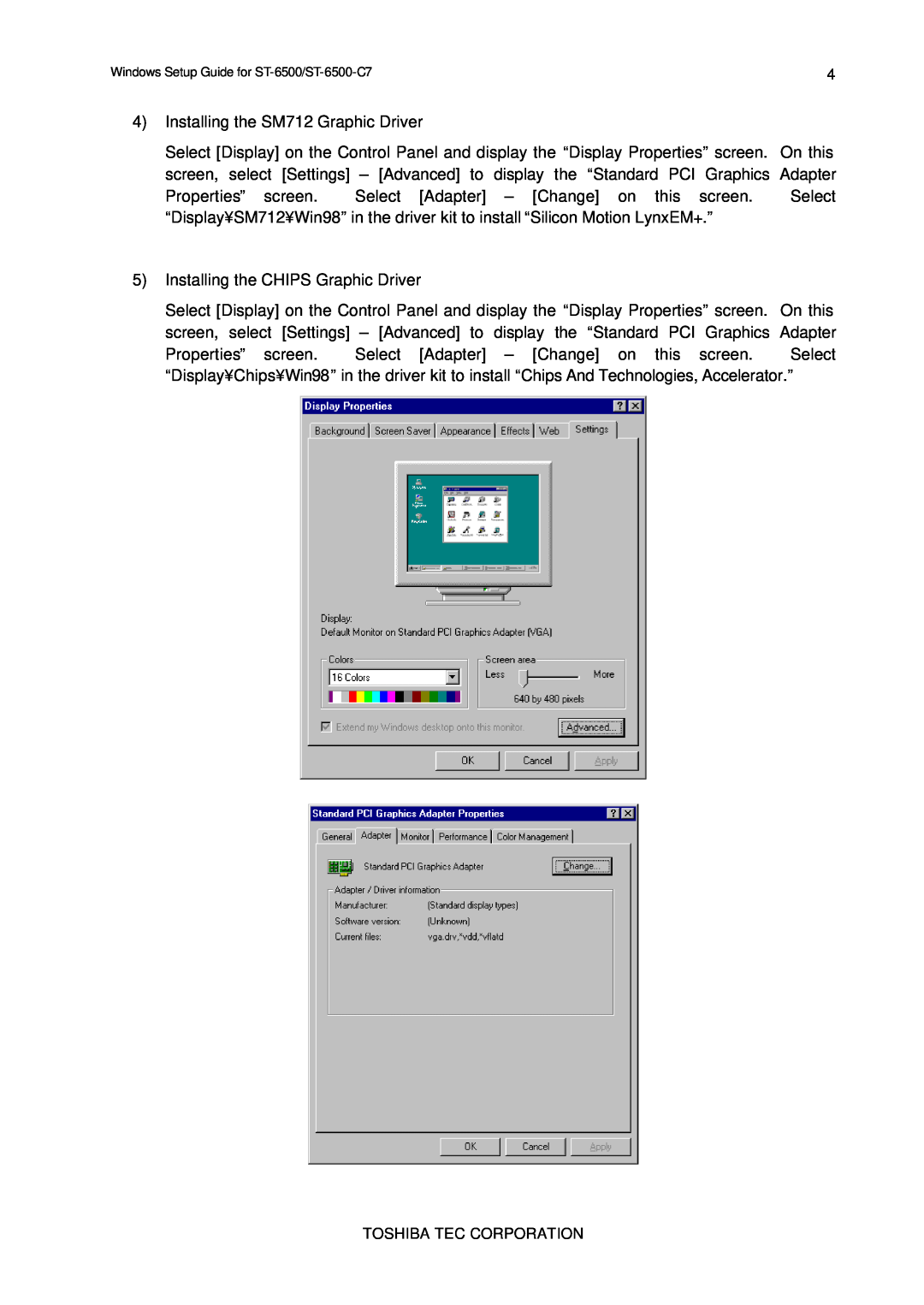 Toshiba E2711 setup guide Installing the SM712 Graphic Driver 