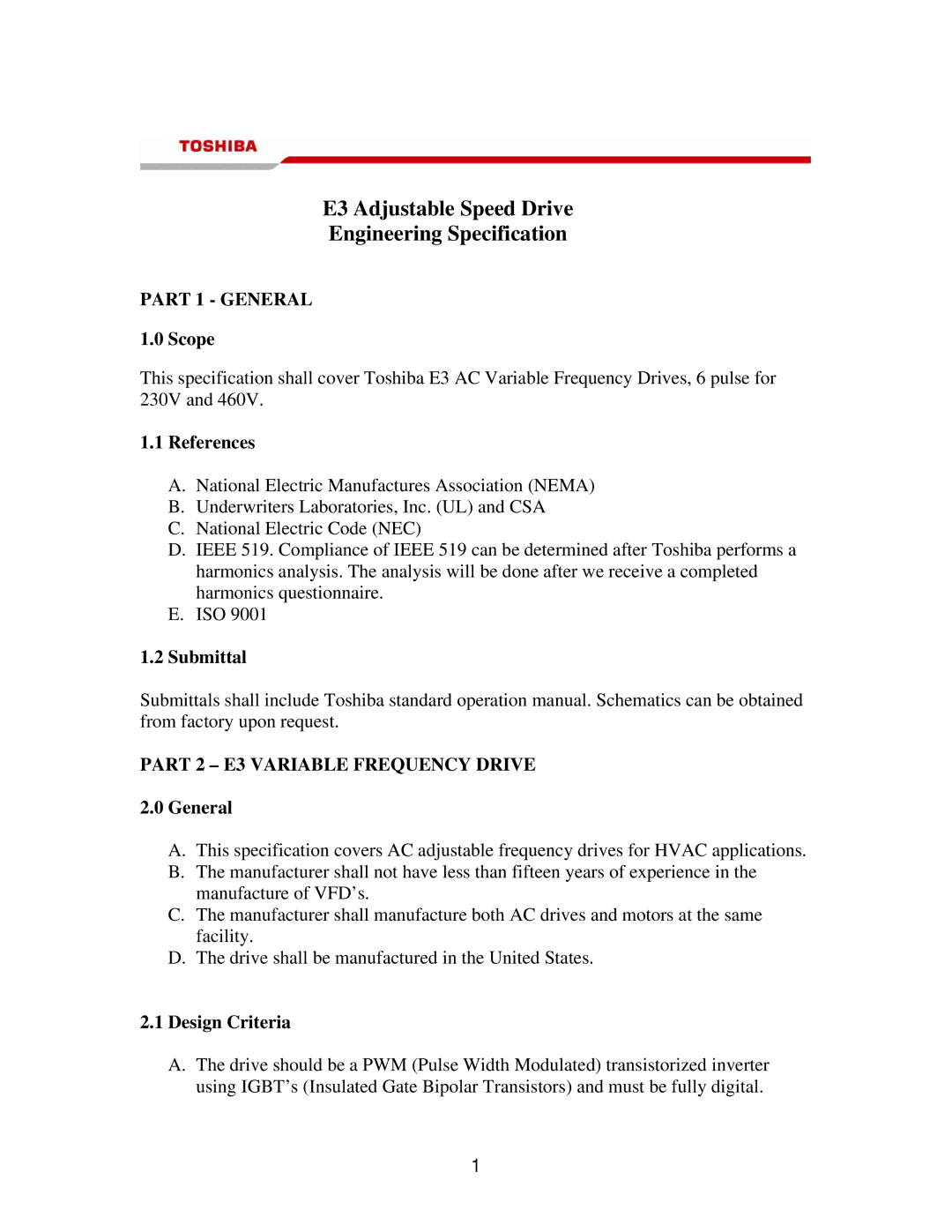 Toshiba E3 specifications Scope, References, Submittal, General, Design Criteria 