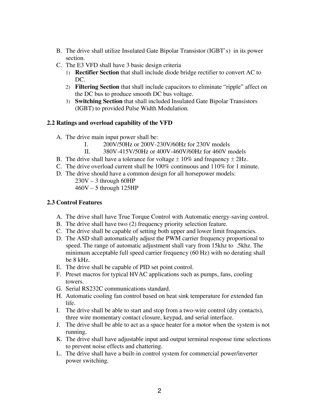 Toshiba E3 specifications Ratings and overload capability of the VFD, Control Features 