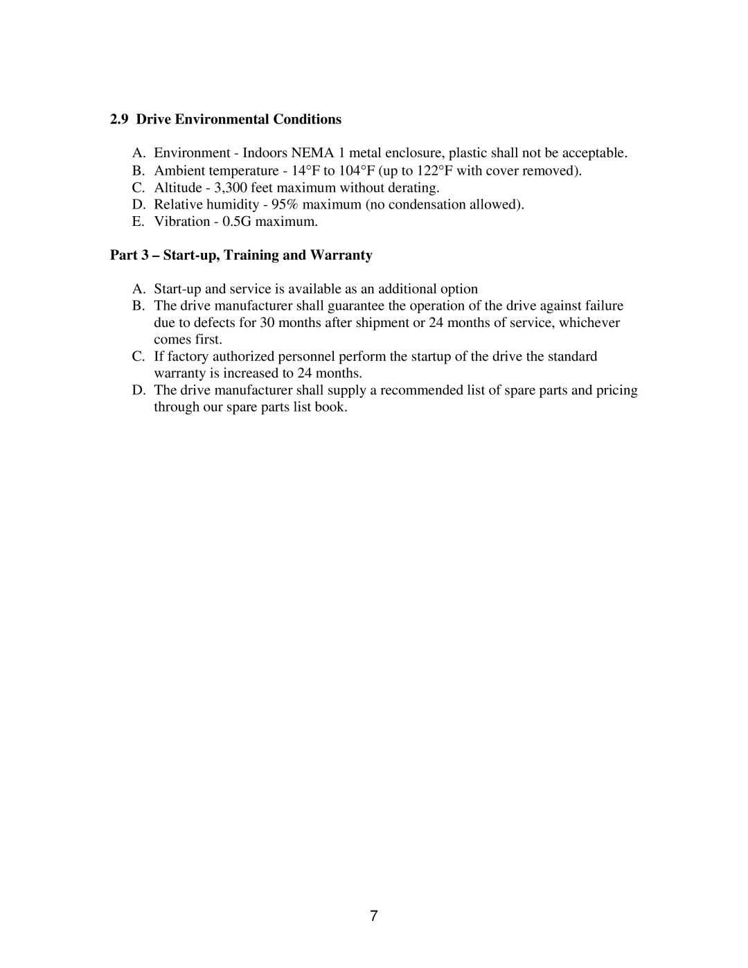 Toshiba E3 specifications Drive Environmental Conditions, Part 3 Start-up, Training and Warranty 