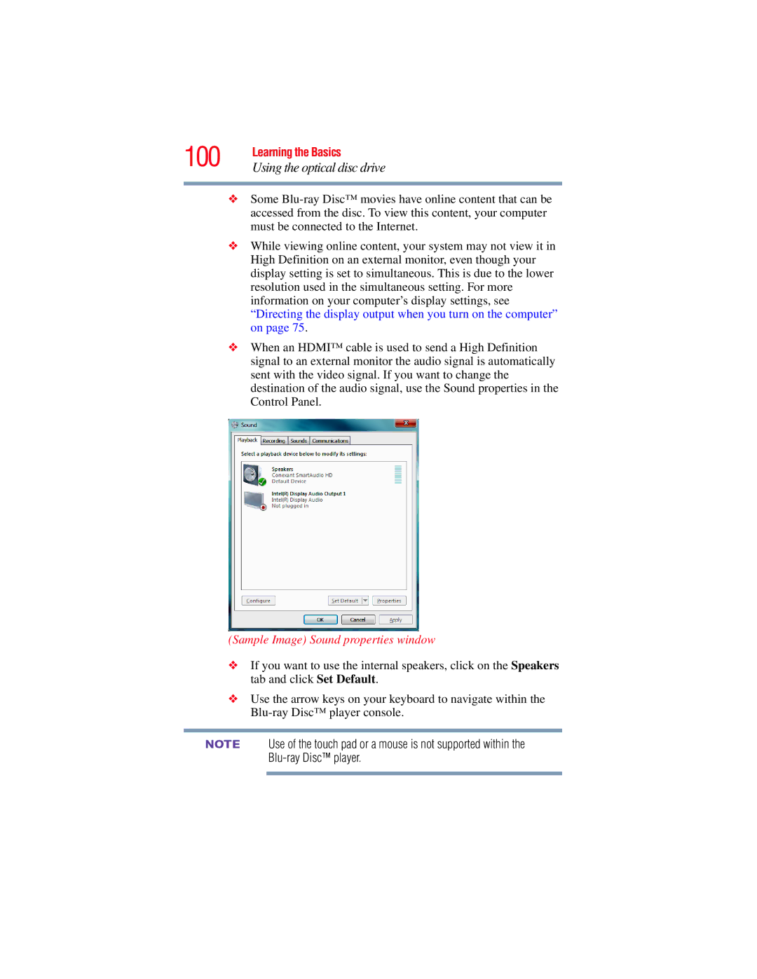 Toshiba E300 manual 100, Using the optical disc drive, Sample Image Sound properties window 