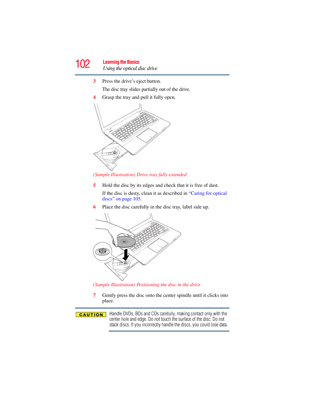 Toshiba E300 manual Sample Illustration Drive tray fully extended, Sample Illustration Positioning the disc in the drive 