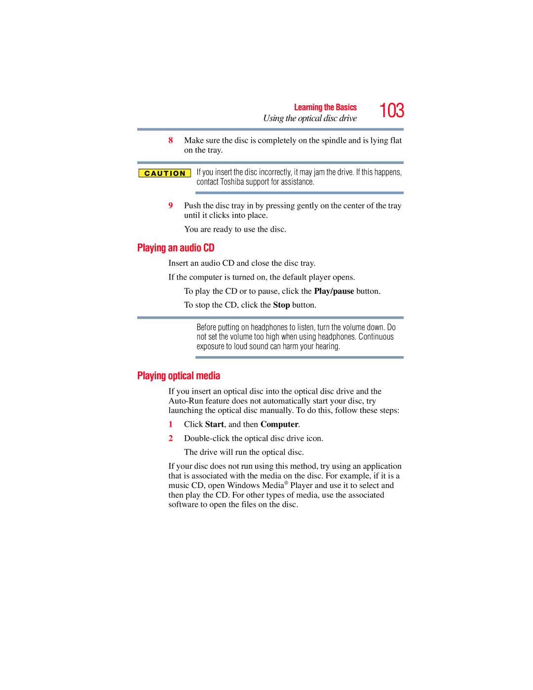 Toshiba E300 manual Playing an audio CD, Playing optical media 