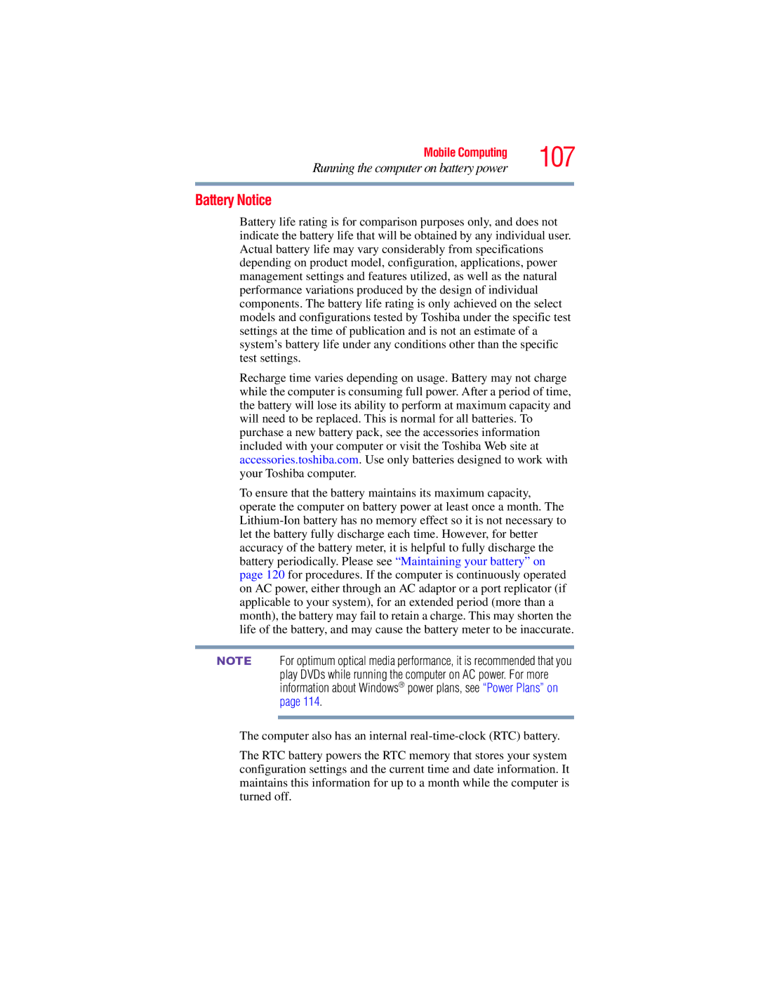 Toshiba E300 manual 107, Battery Notice, Running the computer on battery power 