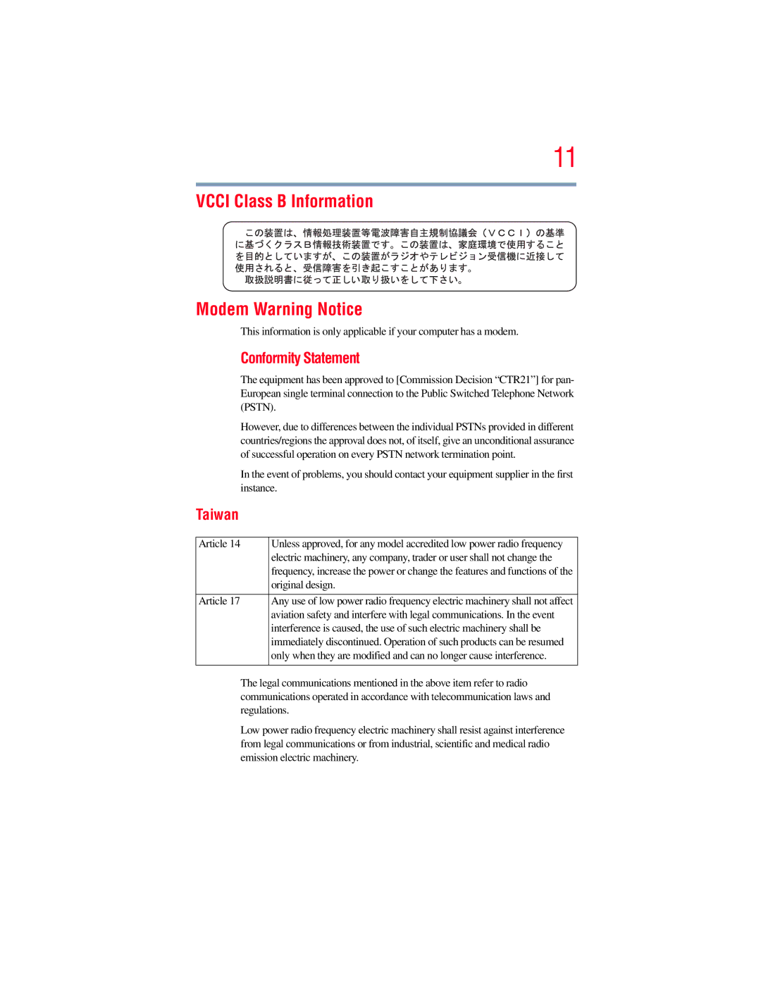 Toshiba E300 manual Vcci Class B Information Modem Warning Notice, Conformity Statement, Taiwan 