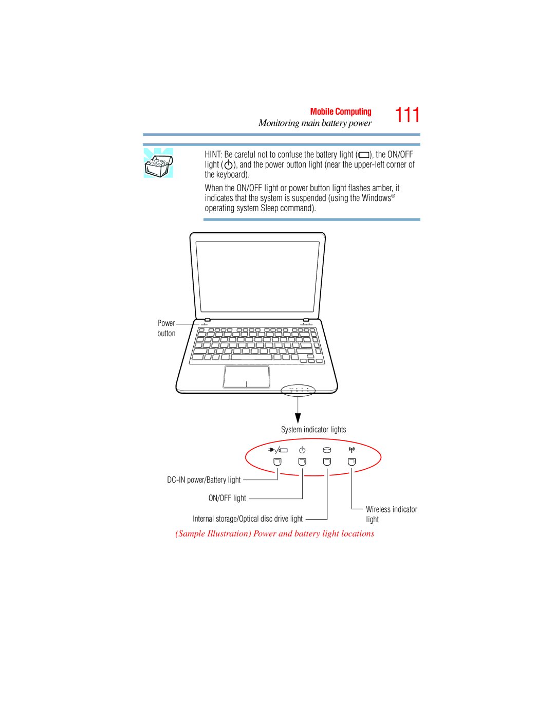 Toshiba E300 manual 111, Monitoring main battery power, Sample Illustration Power and battery light locations 