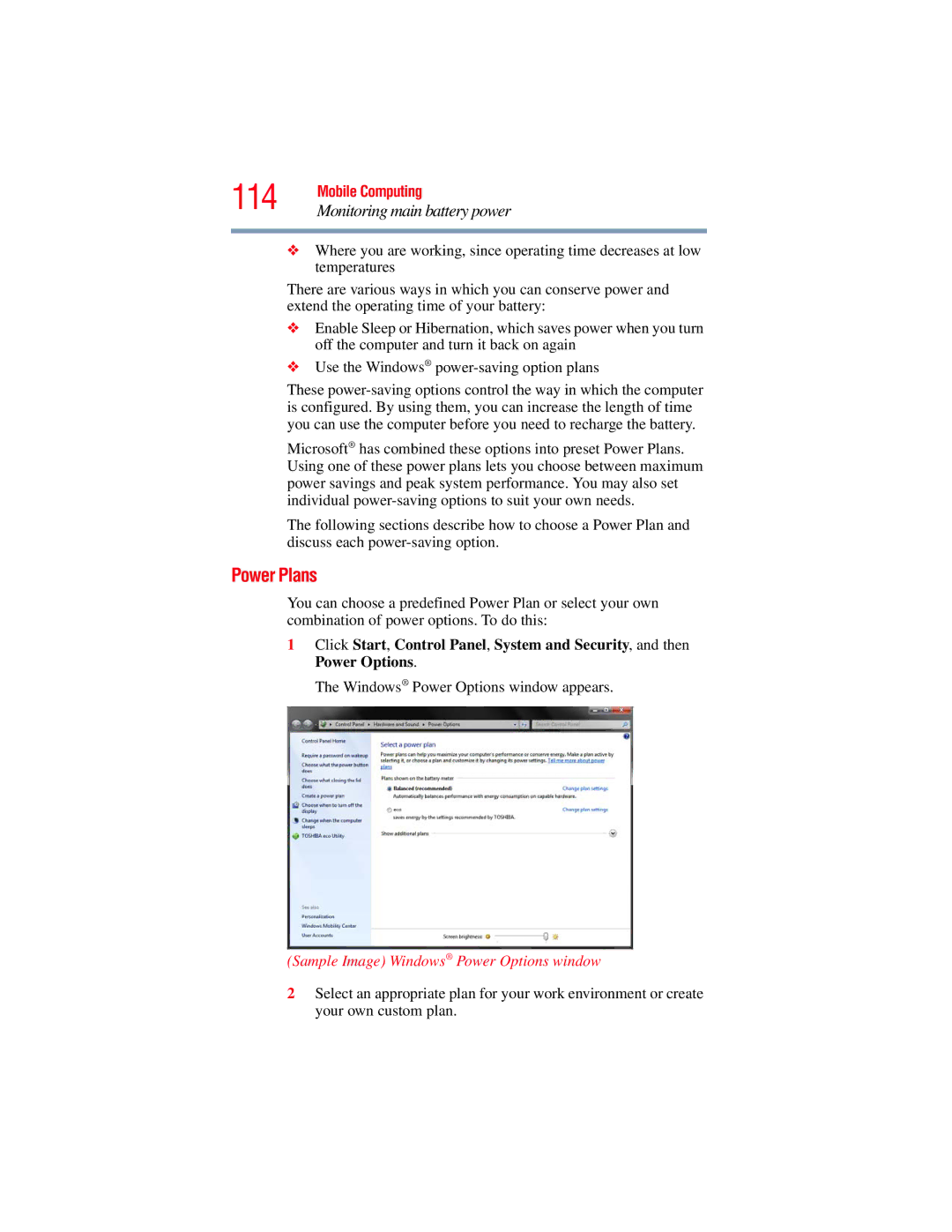 Toshiba E300 manual Power Plans, Sample Image Windows Power Options window 