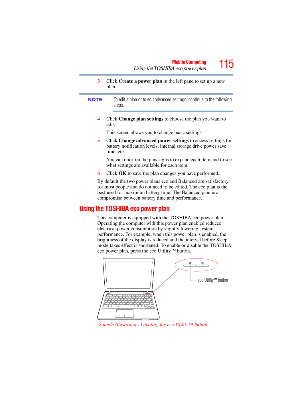 Toshiba E300 manual 115, Using the Toshiba eco power plan, Sample Illustration Locating the eco Utility button 