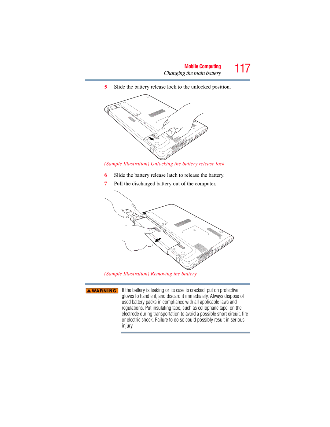 Toshiba E300 manual Sample Illustration Unlocking the battery release lock, Sample Illustration Removing the battery 