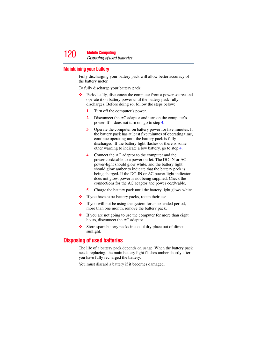 Toshiba E300 manual 120, Disposing of used batteries, Maintaining your battery 