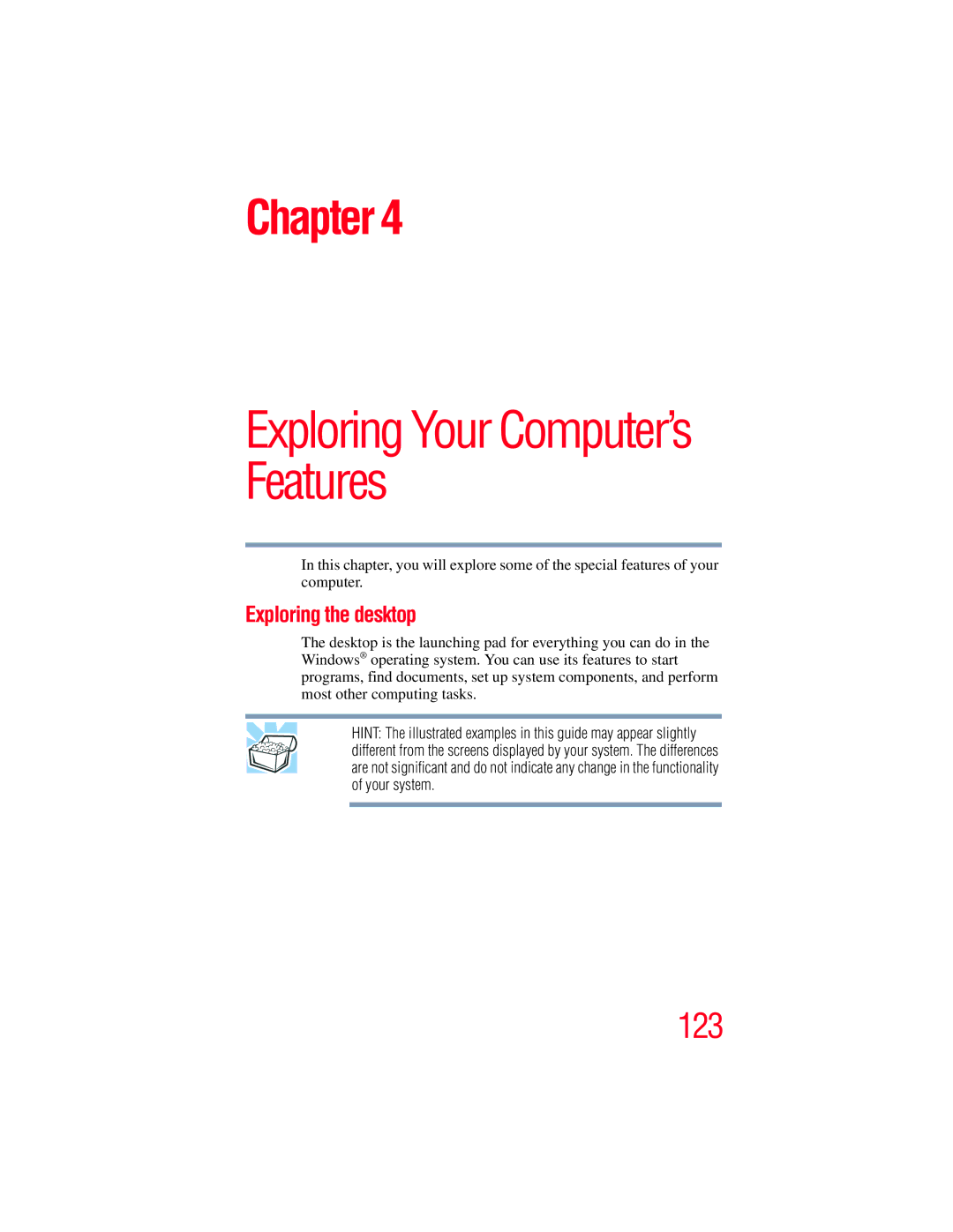 Toshiba E300 manual Exploring Your Computer’s Features, Exploring the desktop 