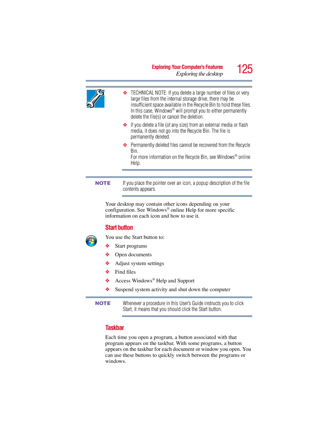 Toshiba E300 manual 125, Start button, Taskbar 