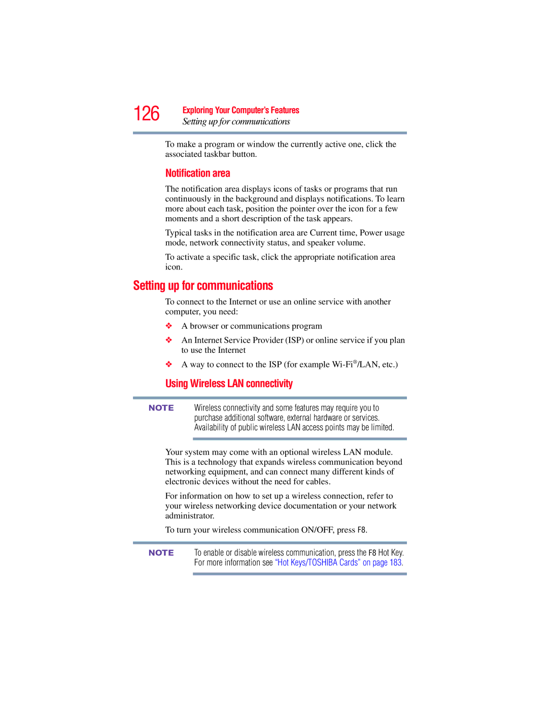 Toshiba E300 manual 126, Setting up for communications, Notification area, Using Wireless LAN connectivity 