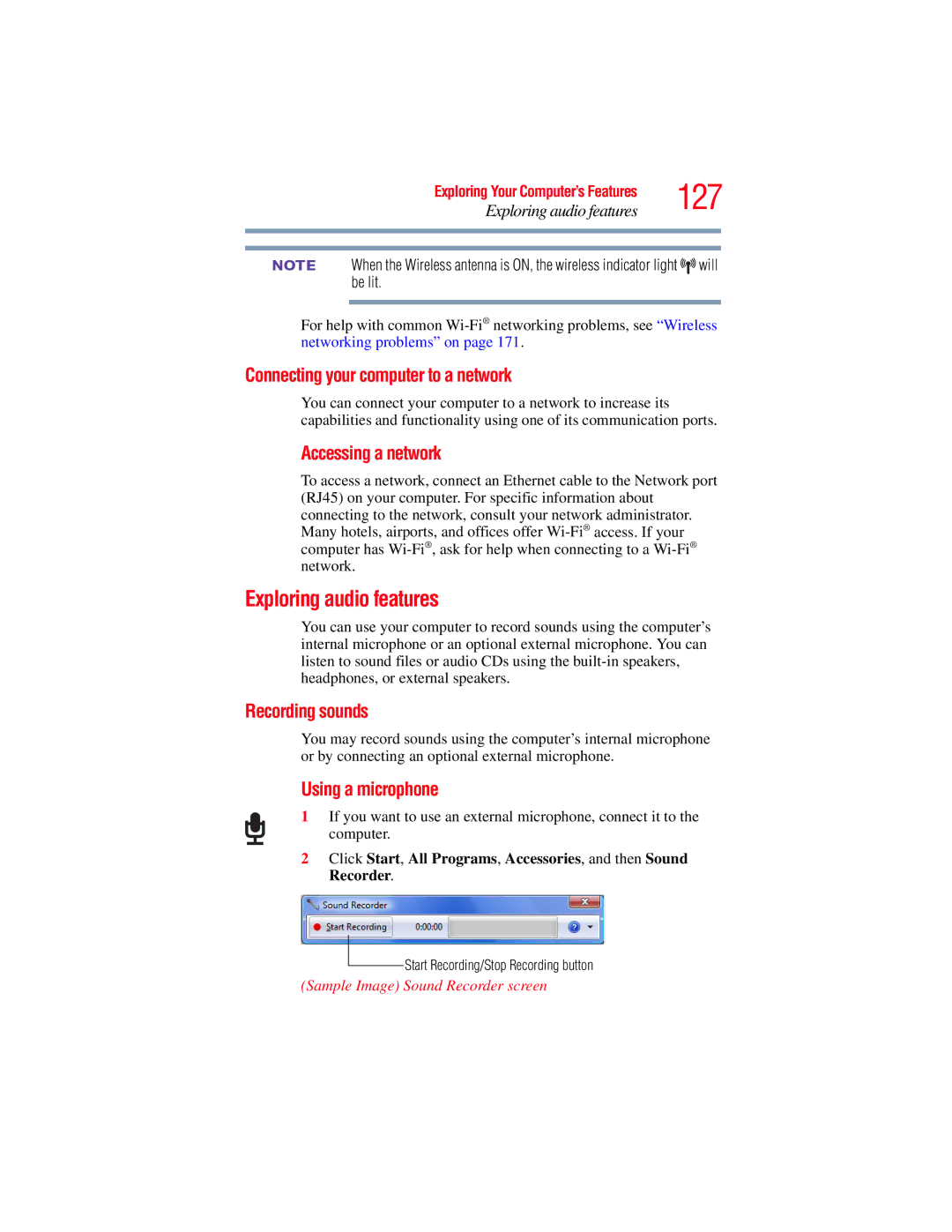 Toshiba E300 manual 127, Exploring audio features 