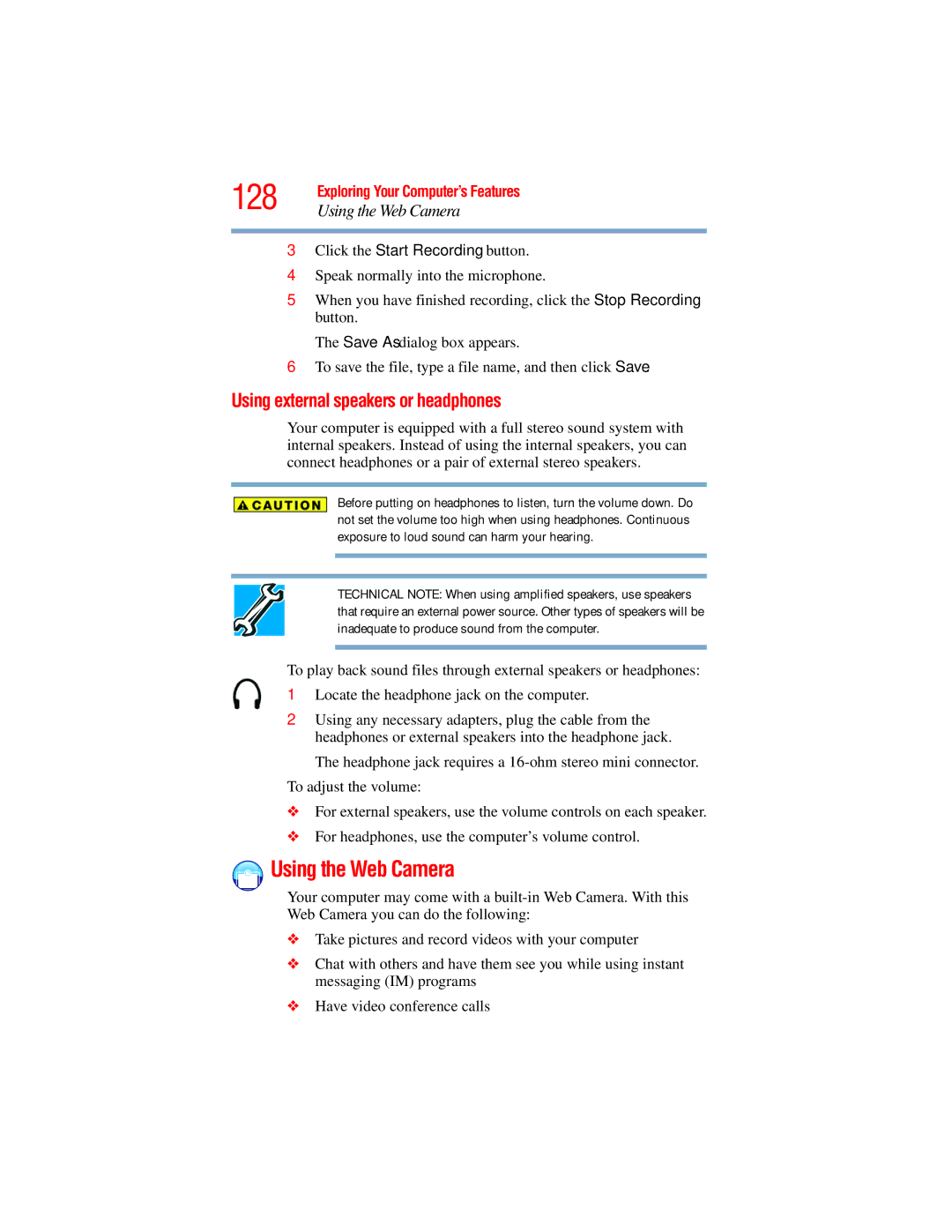 Toshiba E300 manual 128, Using the Web Camera, Using external speakers or headphones 