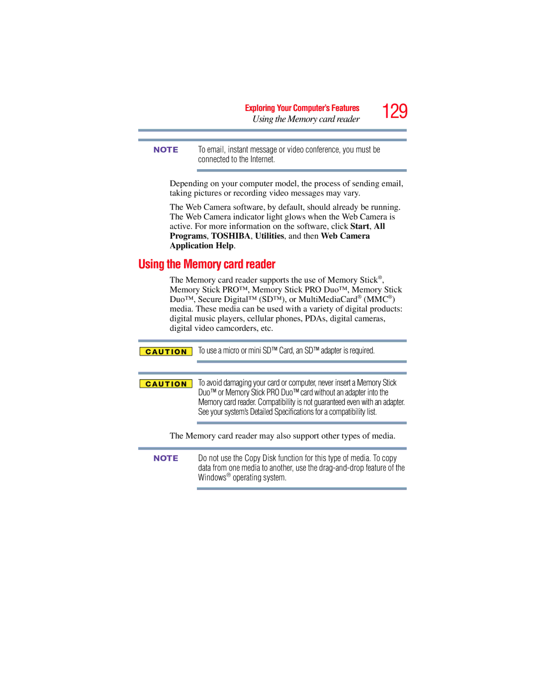 Toshiba E300 manual 129, Using the Memory card reader 