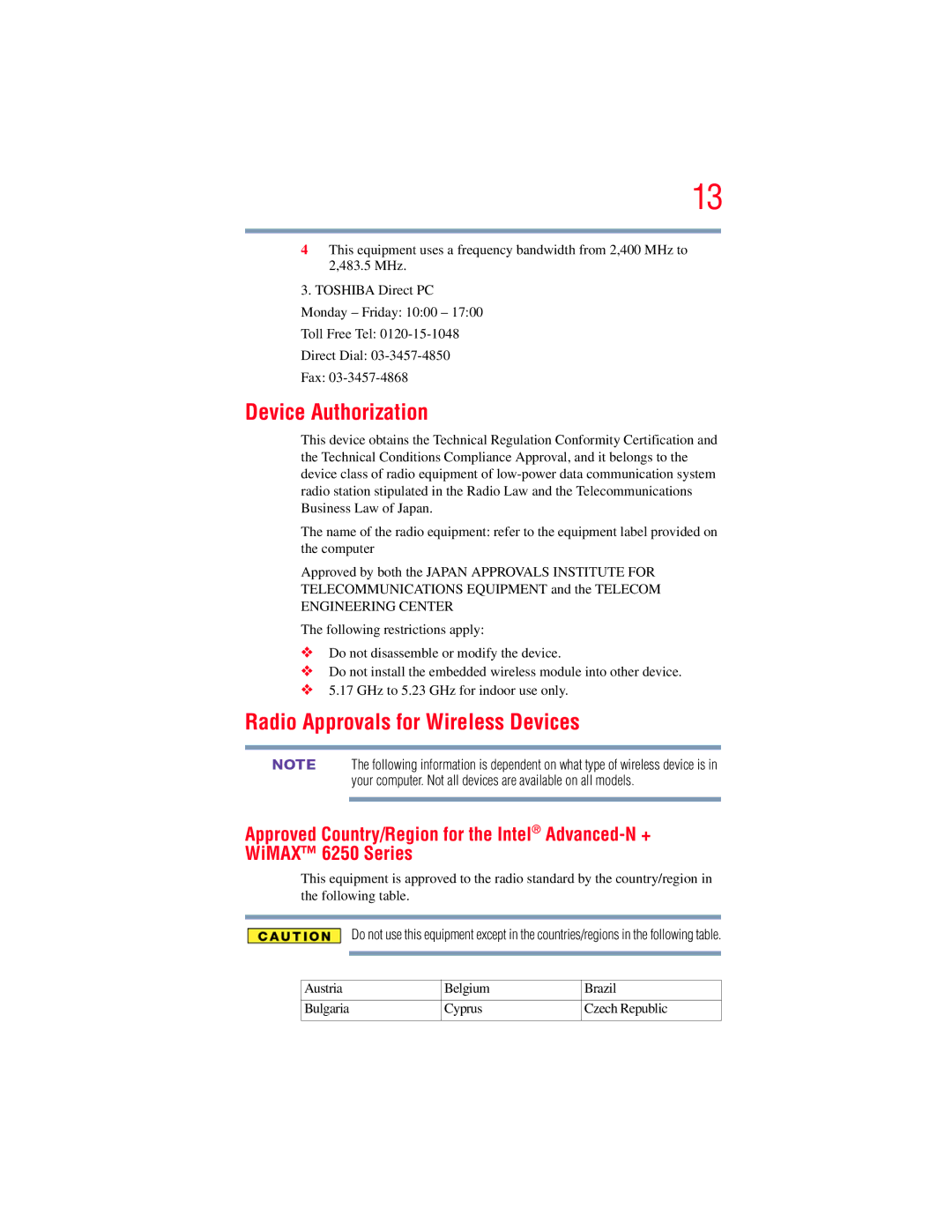 Toshiba E300 manual Device Authorization, Radio Approvals for Wireless Devices 