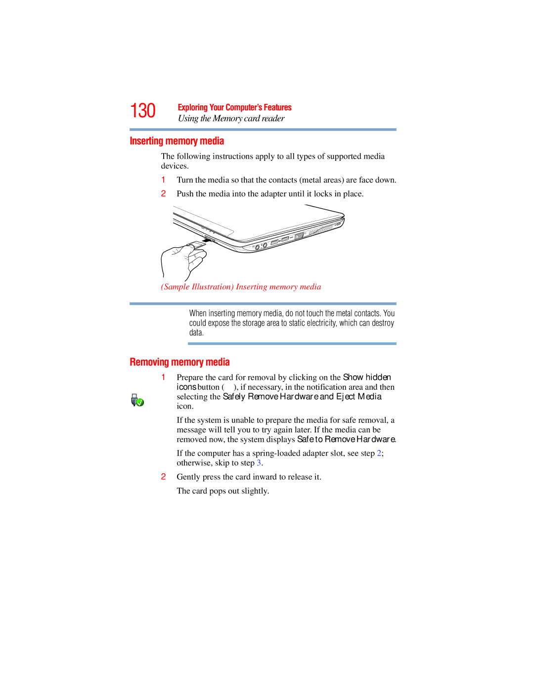 Toshiba E300 manual 130, Inserting memory media, Removing memory media, Using the Memory card reader 