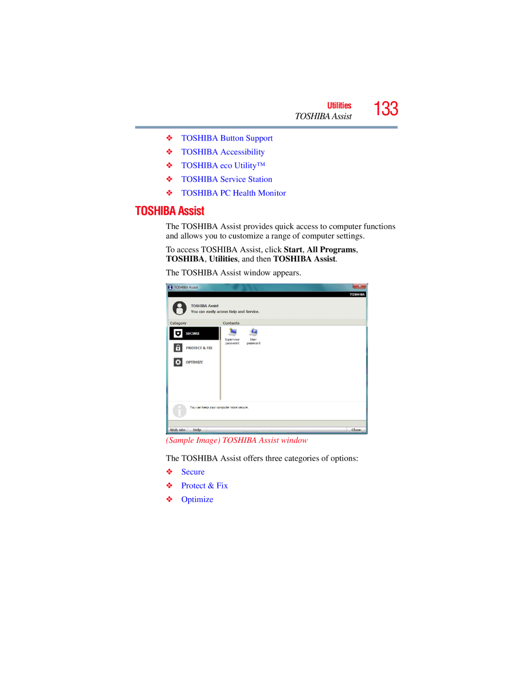 Toshiba E300 manual TOSHIBA, Utilities, and then Toshiba Assist, Sample Image Toshiba Assist window 