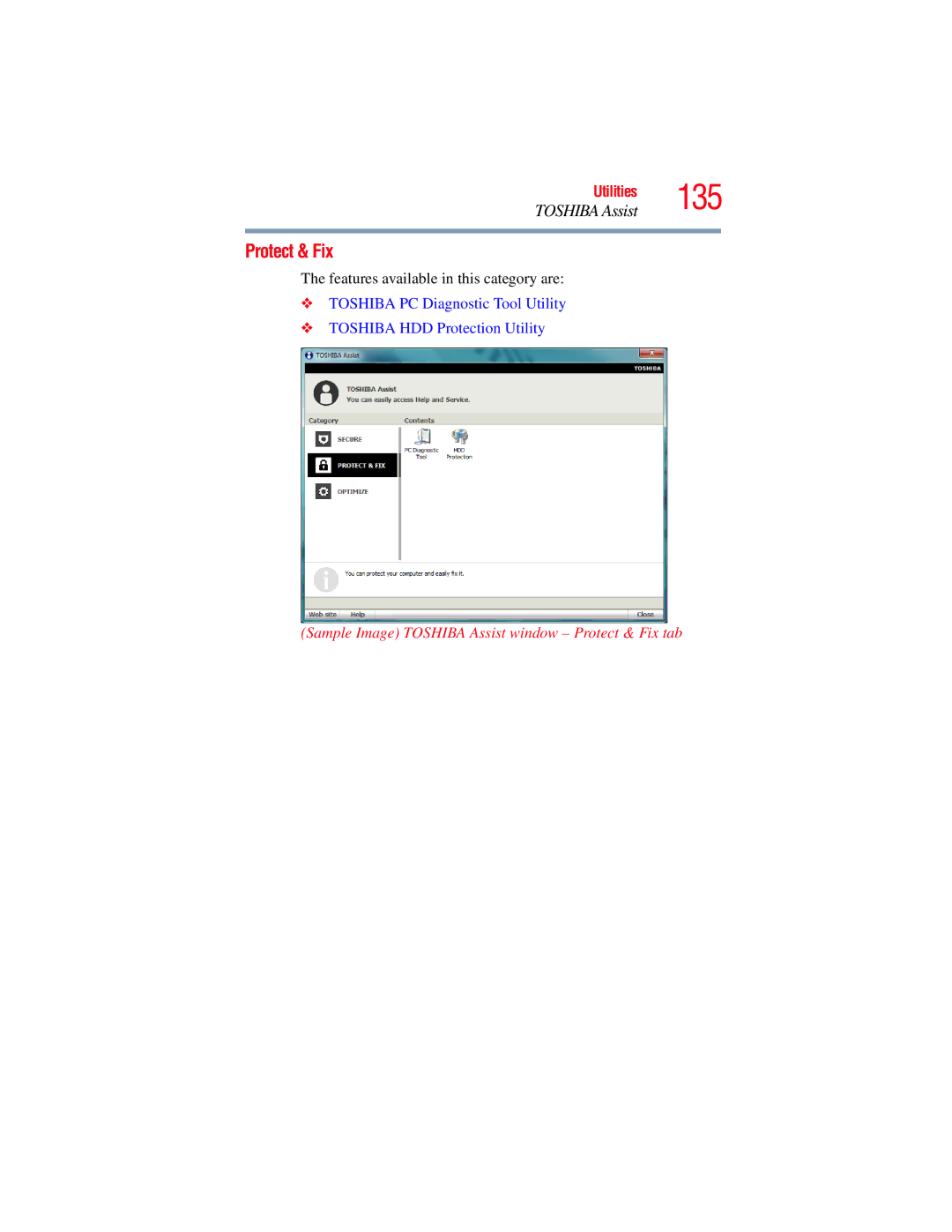 Toshiba E300 manual Sample Image Toshiba Assist window Protect & Fix tab 