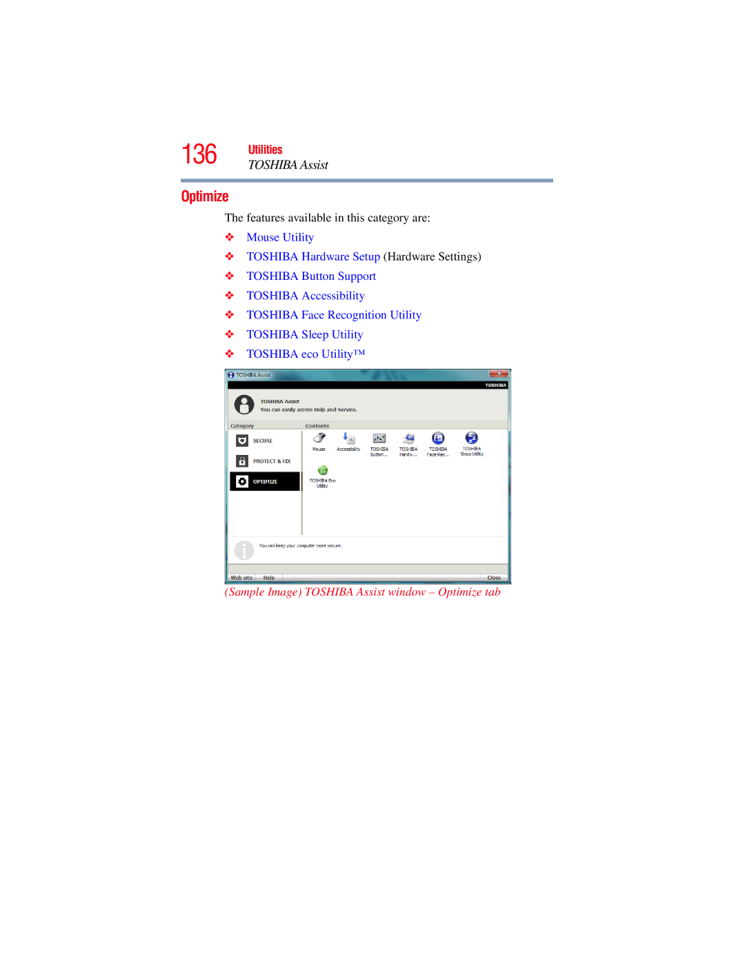 Toshiba E300 manual Sample Image Toshiba Assist window Optimize tab 