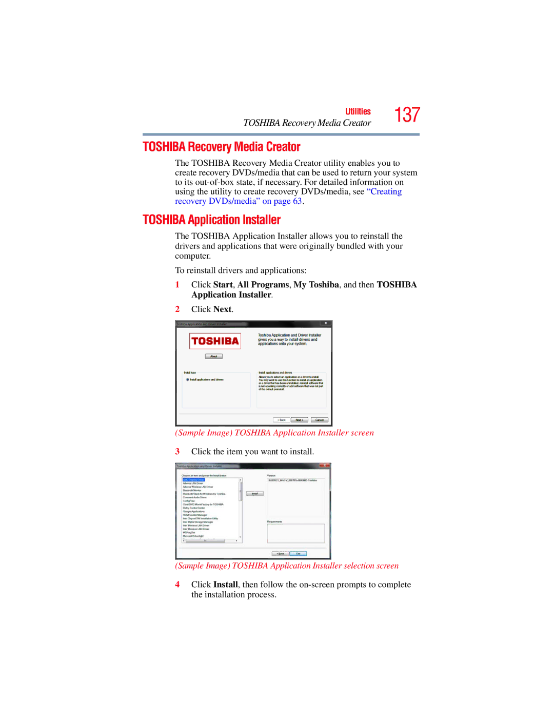 Toshiba E300 manual Toshiba Recovery Media Creator, Toshiba Application Installer 