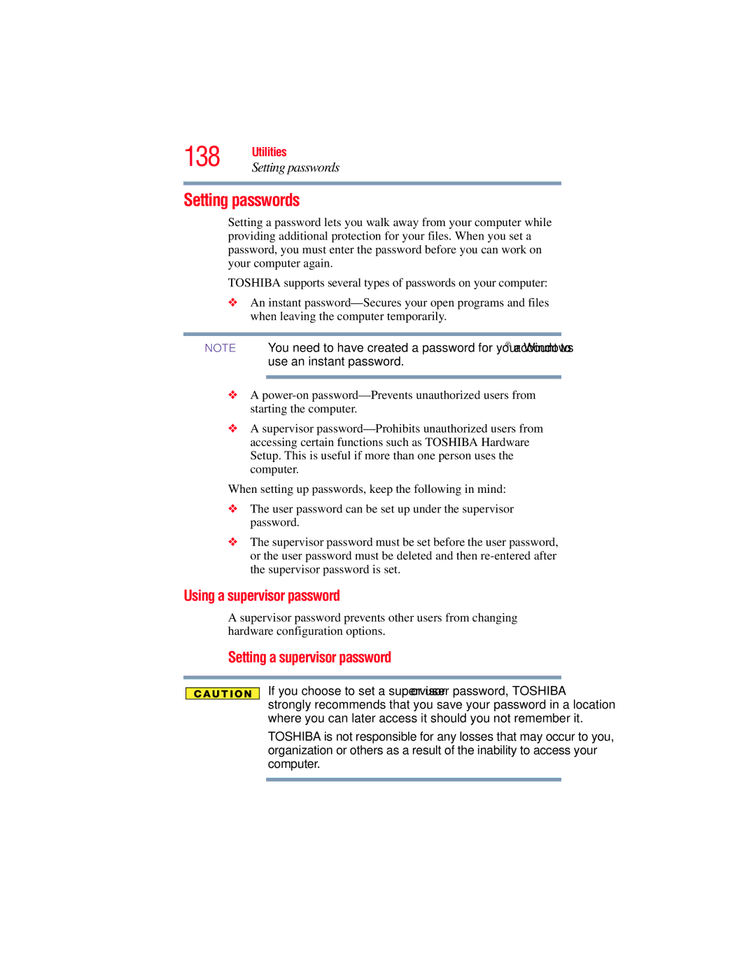 Toshiba E300 manual Setting passwords, Using a supervisor password, Setting a supervisor password 