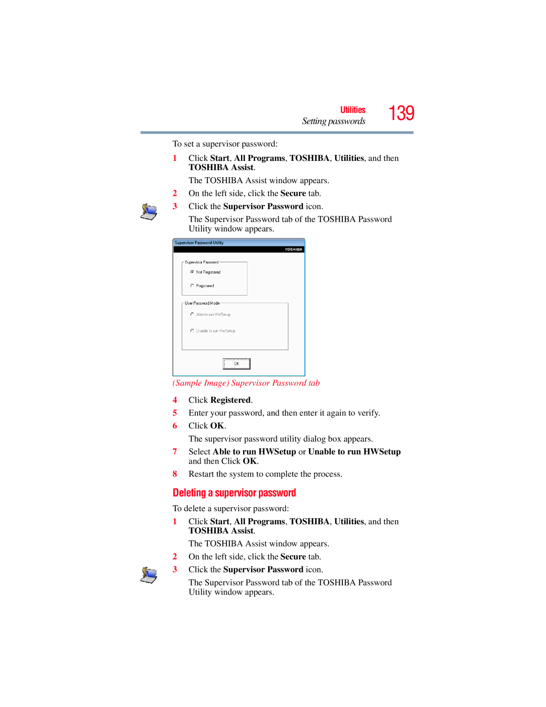 Toshiba E300 Deleting a supervisor password, Click the Supervisor Password icon, Sample Image Supervisor Password tab 